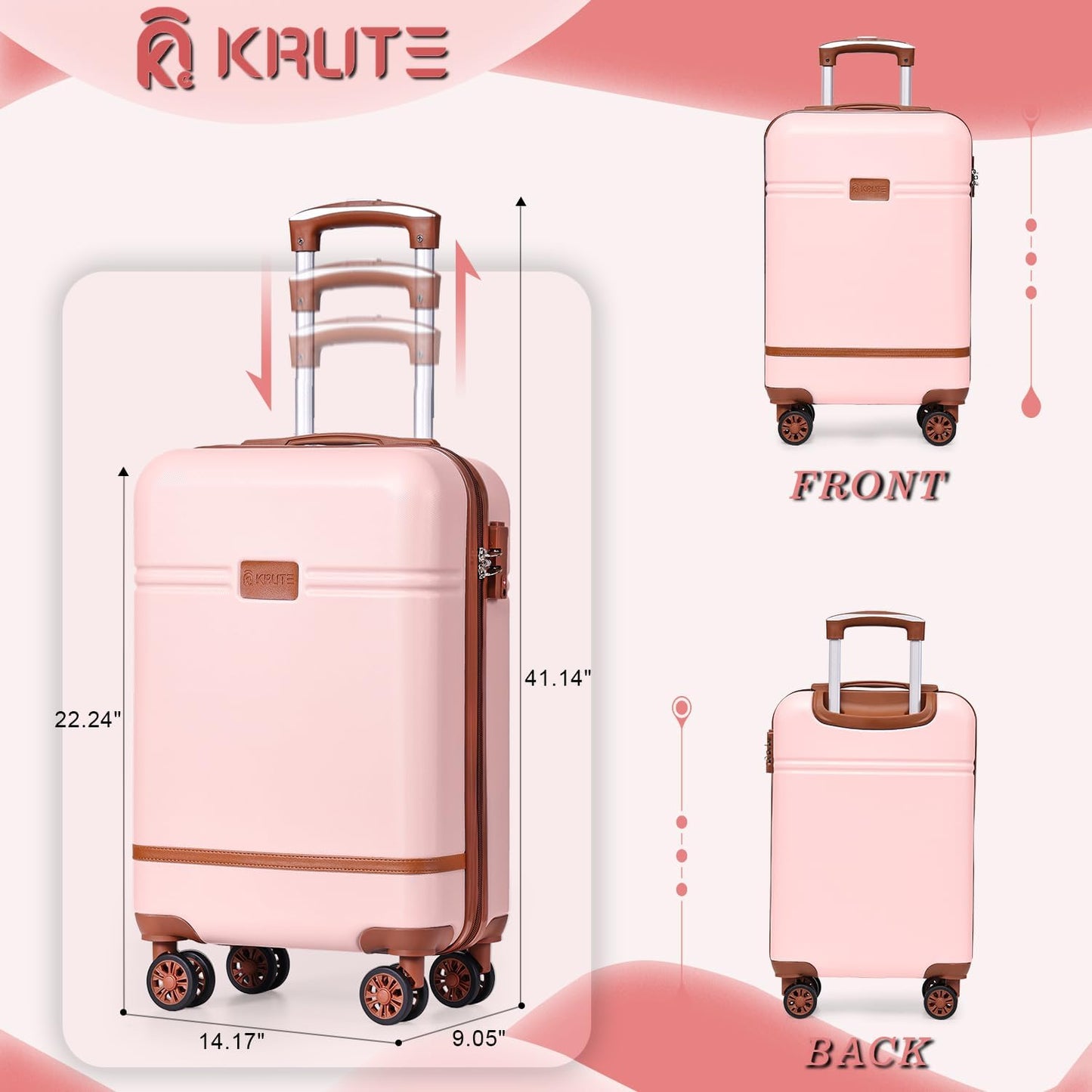 Krute Carry On Luggage 22x14x9 Airline Approved Hard Shell Suitcases with Wheels 20in PC+ABS TSA Approved Carry On Suitcase