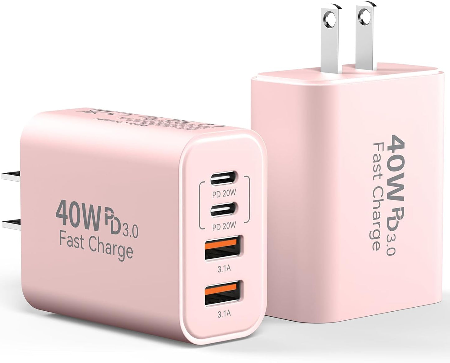 USB C Wall Charger Block, 2Pack 40W 4-Port C Charger Fast Charging Block PD Power Adapter +QC 3.0 USB A Wall Plug Multiport Type C Box Cube for i Phone 15/14/13/12/11 Pro Max, pad, Galaxy, Pink