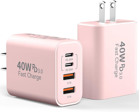 USB C Wall Charger Block, 2Pack 40W 4-Port C Charger Fast Charging Block PD Power Adapter +QC 3.0 USB A Wall Plug Multiport Type C Box Cube for i Phone 15/14/13/12/11 Pro Max, pad, Galaxy, Pink
