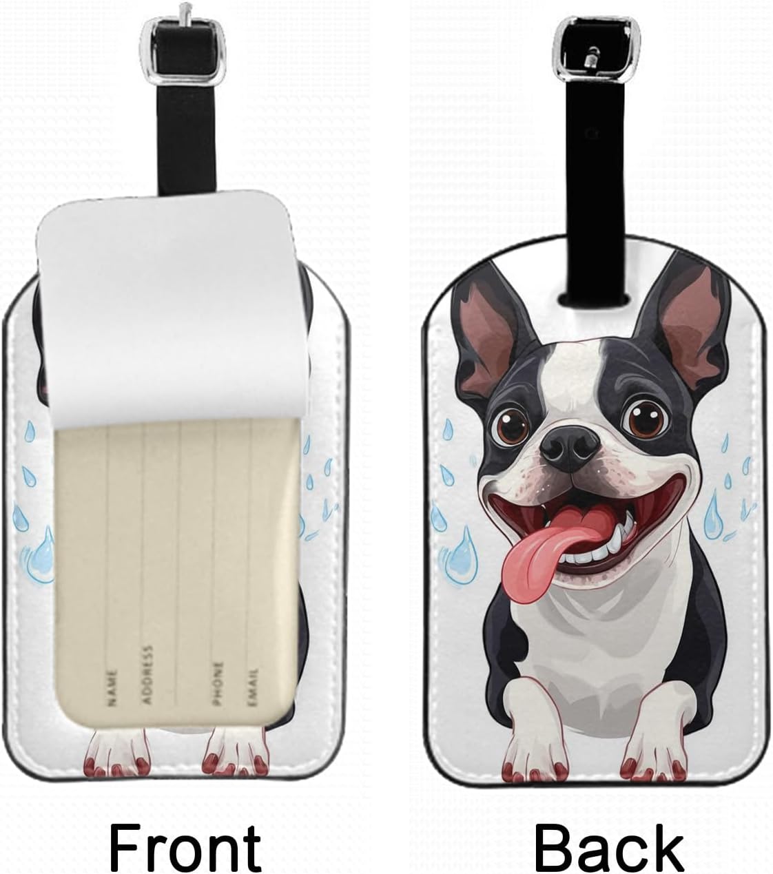 Happy Puppy Luggage Tag Cartoon Boston Animal Cute Pet Suitcase Tag with Strap for Handbag School Bag Label ID, 1 Pack