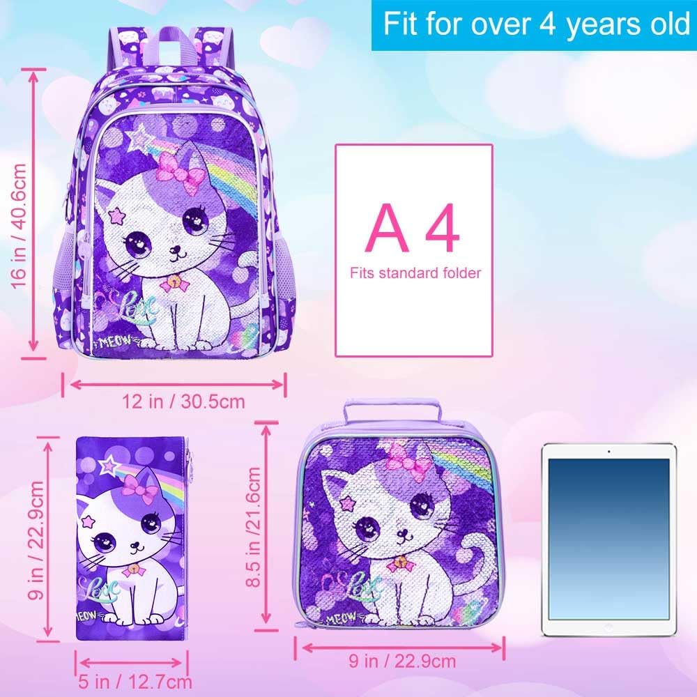 3PCS Girls Backpack, 16" Sequin Prechool Elementary Bookbag and Lunch Box