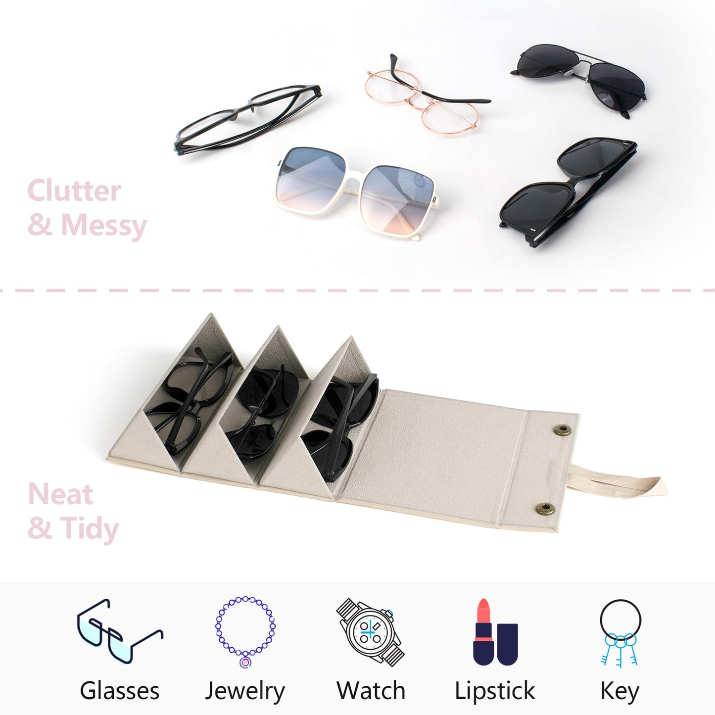 VACONICO Sunglasses Travel Case, Foldable Eyeglasses Case with 3 Slot, Portable Multiple Glasses