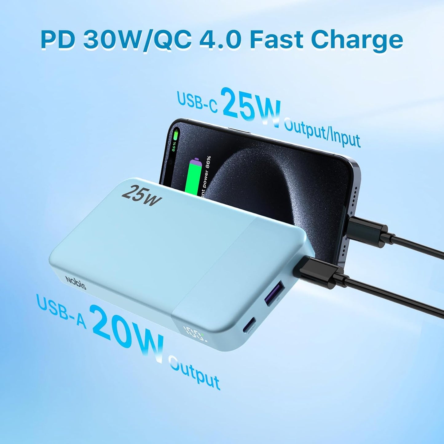 NOBIS Portable Charger, 10000mAh Power Bank Fast Charging, Battery Pack with C to C Cable, Battery Bank with Digital Display for iPhone iPad Android etc (Blue, 25W)