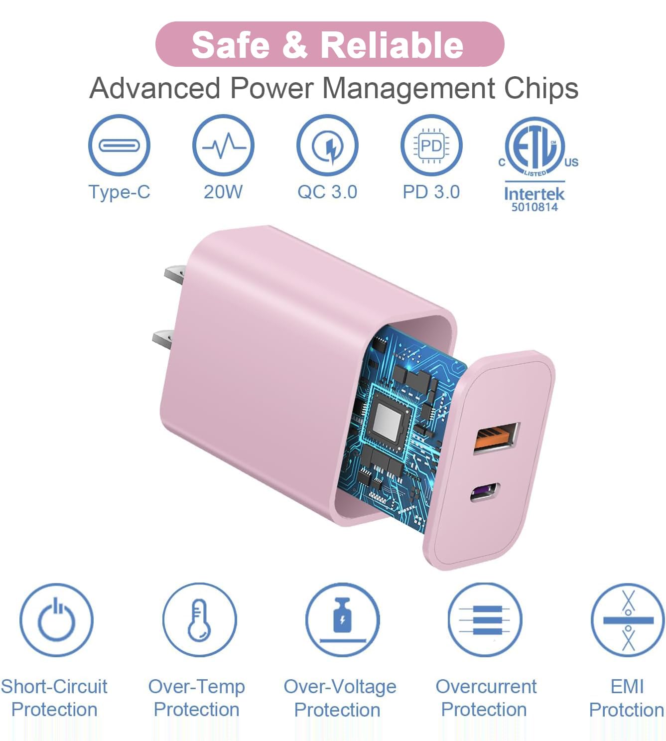 USB C Charger Block, iPhone 16/15 Charger Block [3 Pack] 20W Dual Port QC+PD 3.0 Power Adapter Multiport USB A Fast Charging Plug for Apple iPhone 16/16 Pro/16 Pro Max/16 Plus/15/14/13/12/11/iPad-Pink