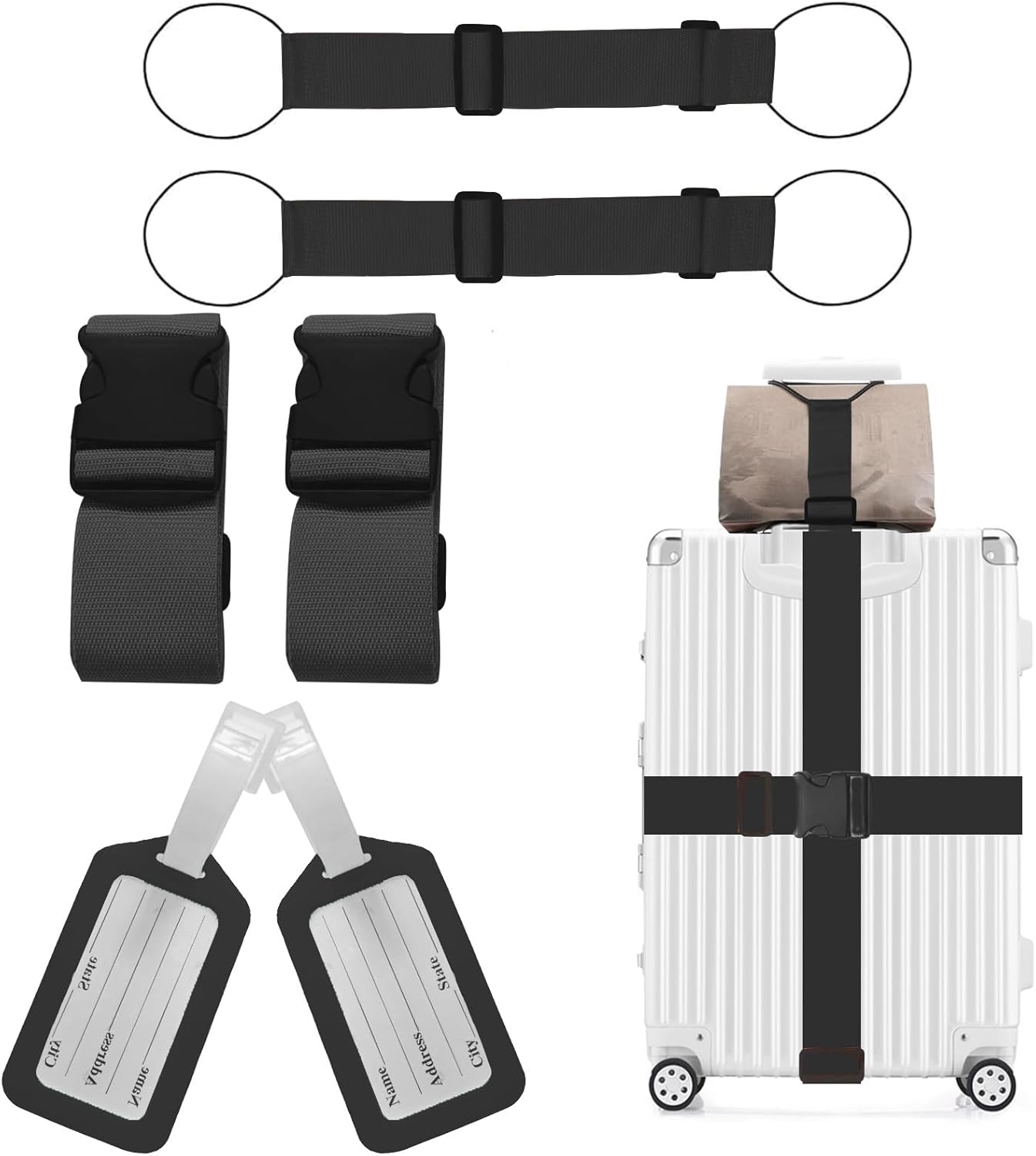 Adjustable Luggage Straps for Suitcases TSA Approved,6 Pack Suitcase Strap Travel Luggage Connector Belt for Bags,Luggage Tags for Suitcases，Luggage Straps to Connect Two Suitcases(Black)