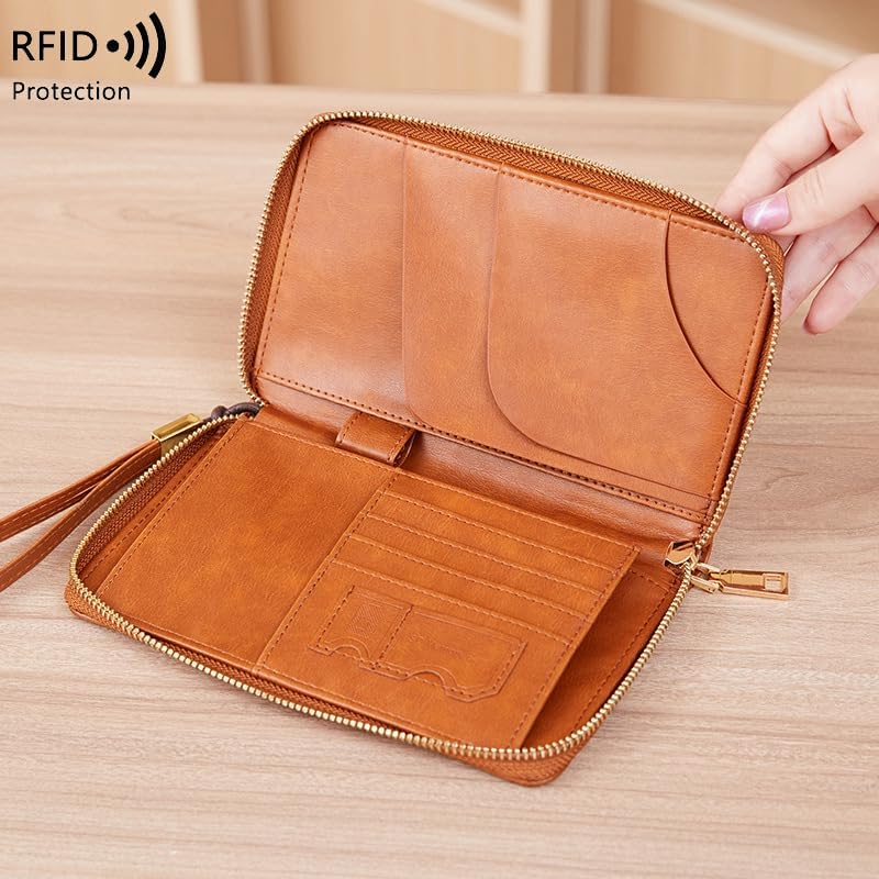Unisex genuine leather wallet multifunctional RFID travel passport holder with protective cover (Brown)
