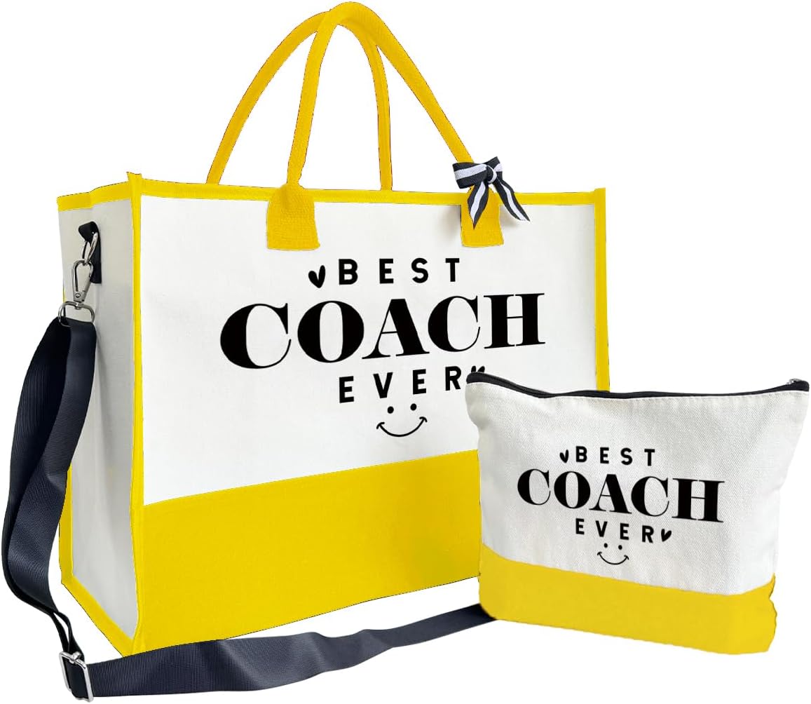 SUSZDOU Gifts for Best Coach Ever - Canvas Beach Tote Bag with Matching Makeup Pouch, Durable Travel Gym Camping Bag, Thank You Gift for Sports Coach, Female Trainers Gifts for Women D1