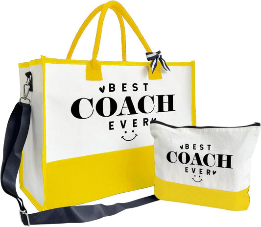 SUSZDOU Gifts for Best Coach Ever - Canvas Beach Tote Bag with Matching Makeup Pouch, Durable Travel Gym Camping Bag, Thank You Gift for Sports Coach, Female Trainers Gifts for Women D1