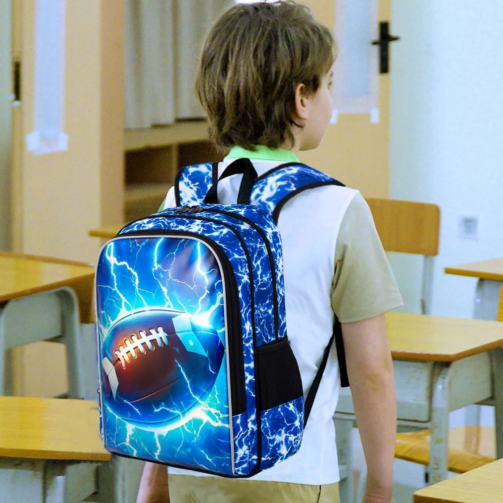 UFNDC 3PCS Kids Rugby Backpack, Boys Lightning Bookbag with Lunch Box, 17" Water Resistant School Bag for Teenagers Elementary Middle