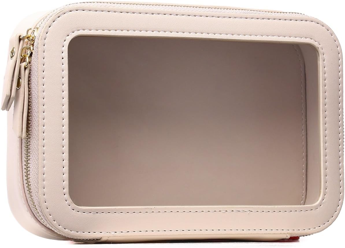 Clear Makeup Bag Small Cosmetic Bag Clear Travel Case Transparent Travel Toiletry Case Makeup Bag for Car with Zipper for Women (Beige, Small)