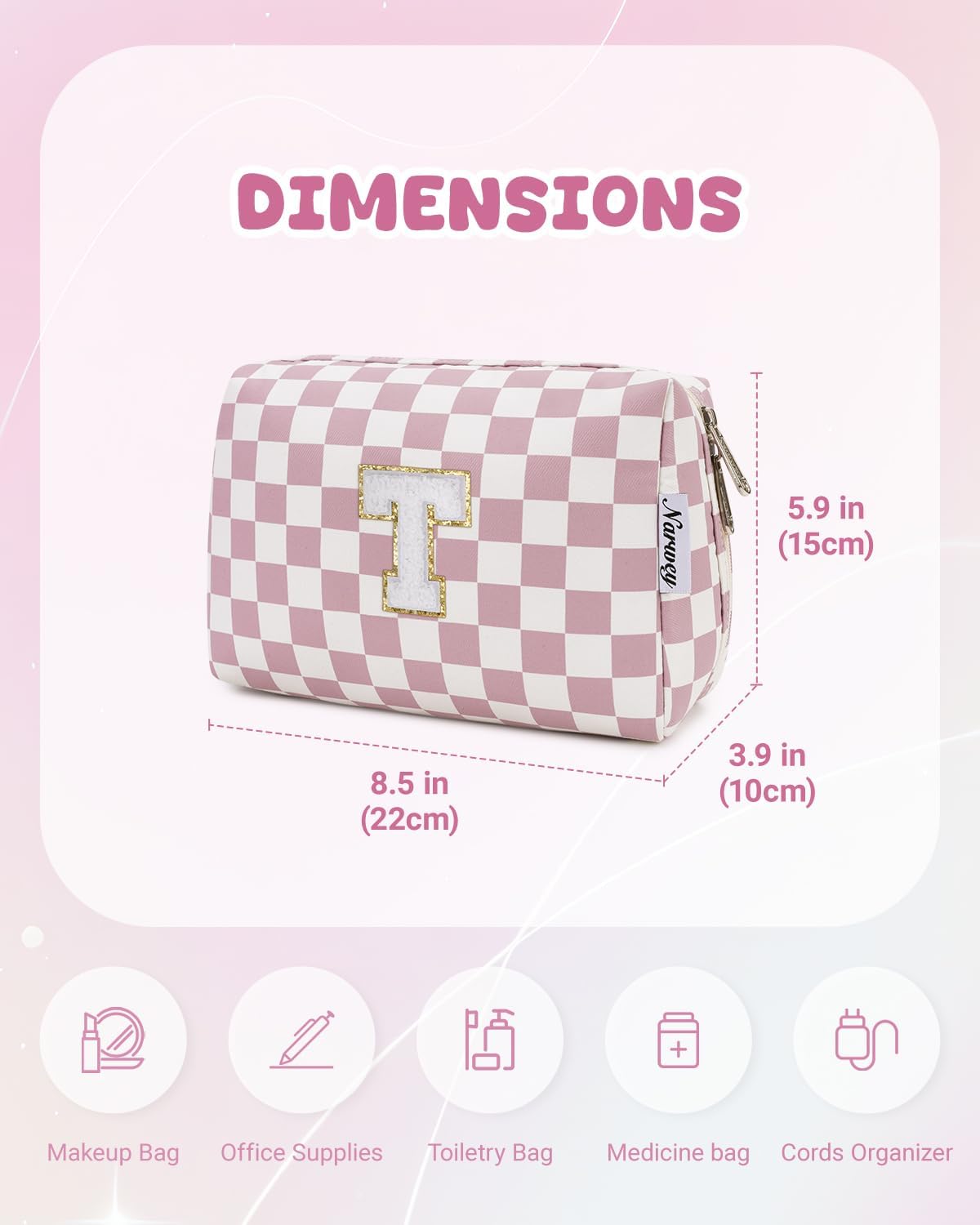 Narwey Birthday Gifts for Teen Girls Kids Women Personalized Initial Checkered Makeup Bag Pink Monogram Cosmetic Bag Trendy Stuff 6 8 10 11 12 13 14 16 18 Years Old Travel Toiletry Bag (Dusty Rose T)