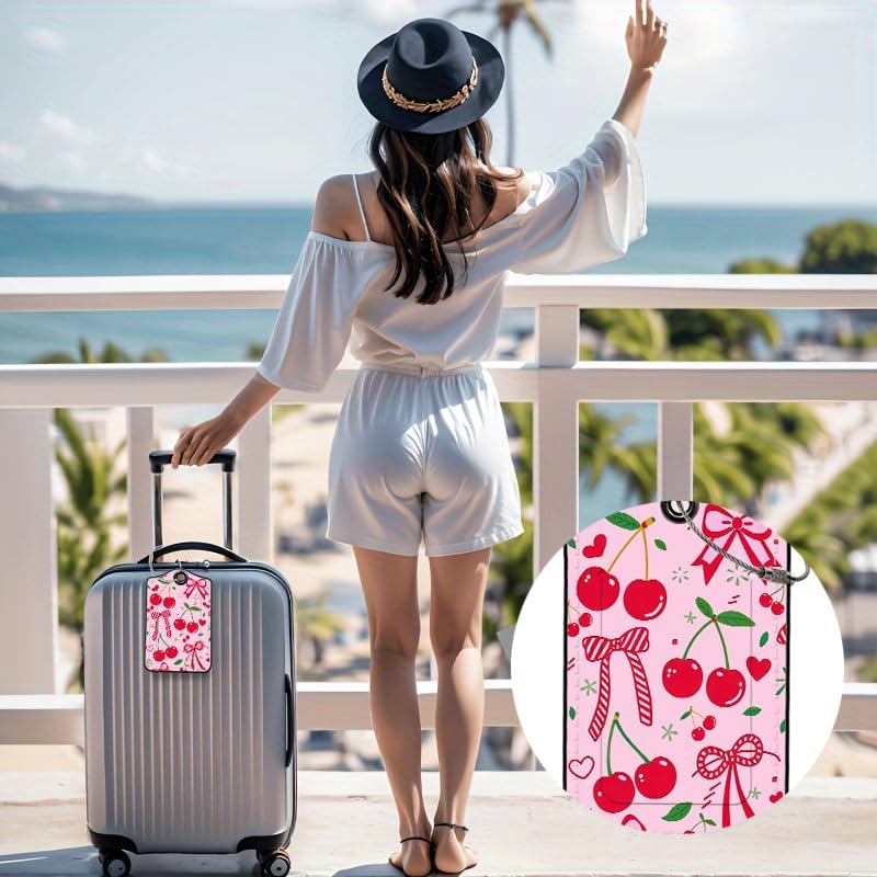 2 Pack Cherry Leather Luggage Tags for Suitcases, Travel Bag Tags with Privacy Cover ID Label with Stainless Steel Loop for Women Men Girls Backpack Gift (Pink Red)