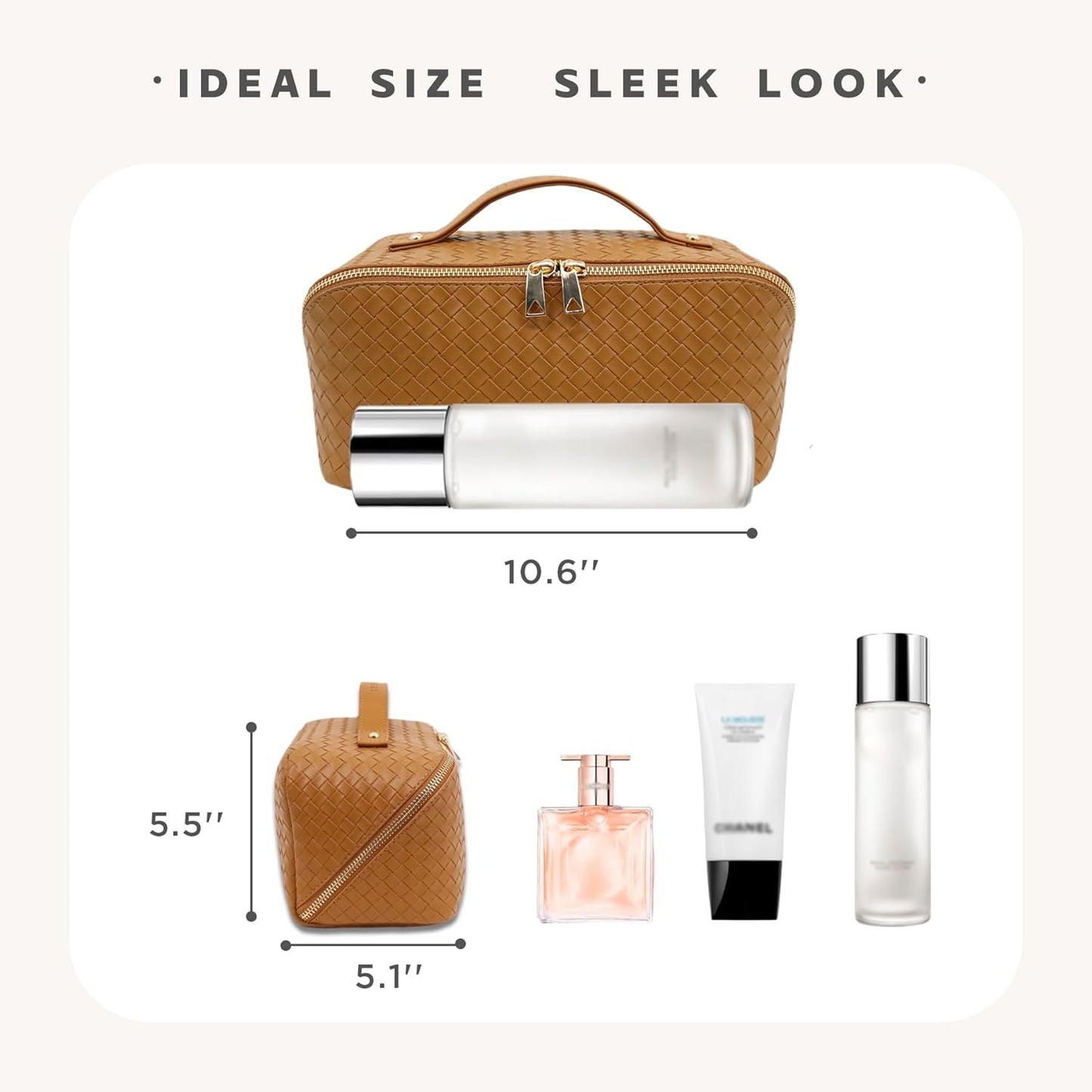 Travel Makeup Bag – Large Cosmetic Organizer with Waterproof PU Leather, Smooth Double Zipper & Tear-Resistant Lining, Toiletry Pouch for Women (Caramel)
