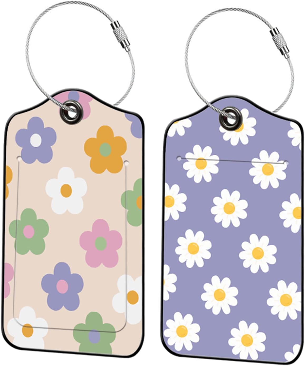 2 Pack Daisy Leather Luggage Tags for Suitcases, Travel Bag Tags with Privacy Cover ID Label with Stainless Steel Loop for Women Men Girls Backpack Gift (Cream Purple)