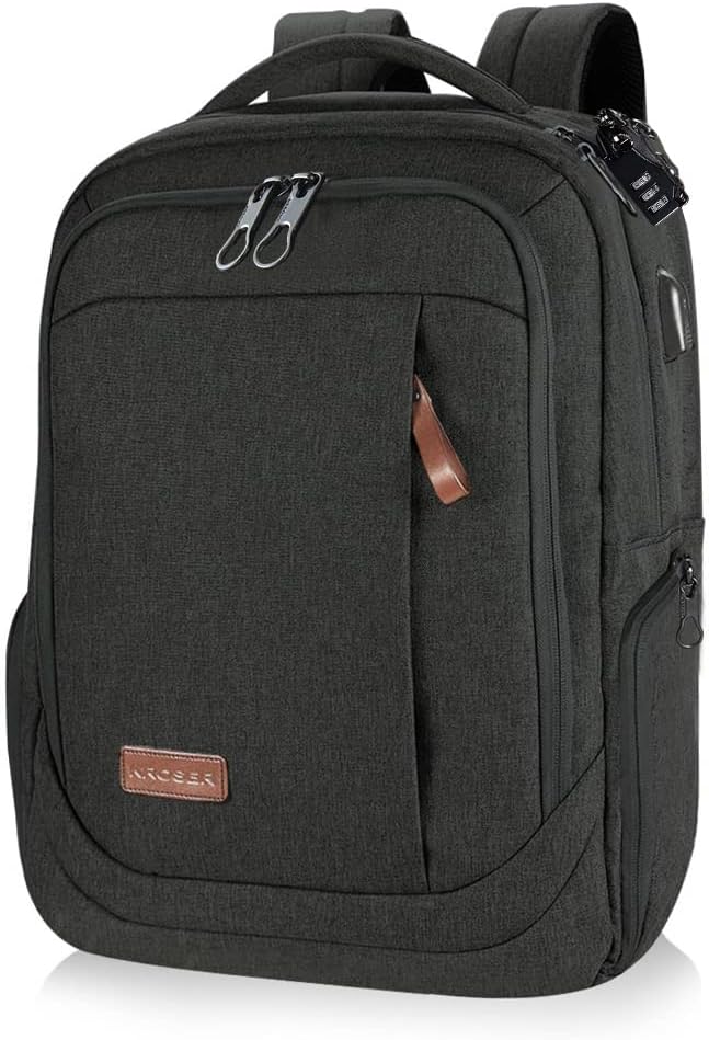 KROSER Laptop Backpack Large Computer Backpack Fits up to 17.3 Inch Laptop with USB Charging Port Water-Repellent Travel Backpack Casual Daypack for Business/College/Women/Men-Charcoal Black