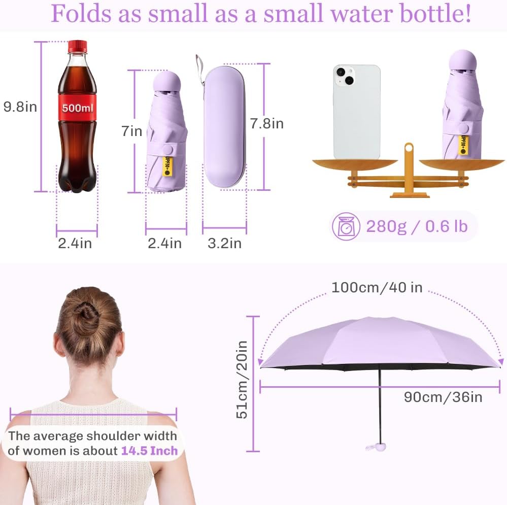 TOPSAIL Mini Umbrella Compact for Travel, UV Sun Protection(UPF50+), Waterproof for Light Rain, Suitable for Women & Kids With a Case, Manual Folding Small Pocket Size Ufor Backpack/Purse