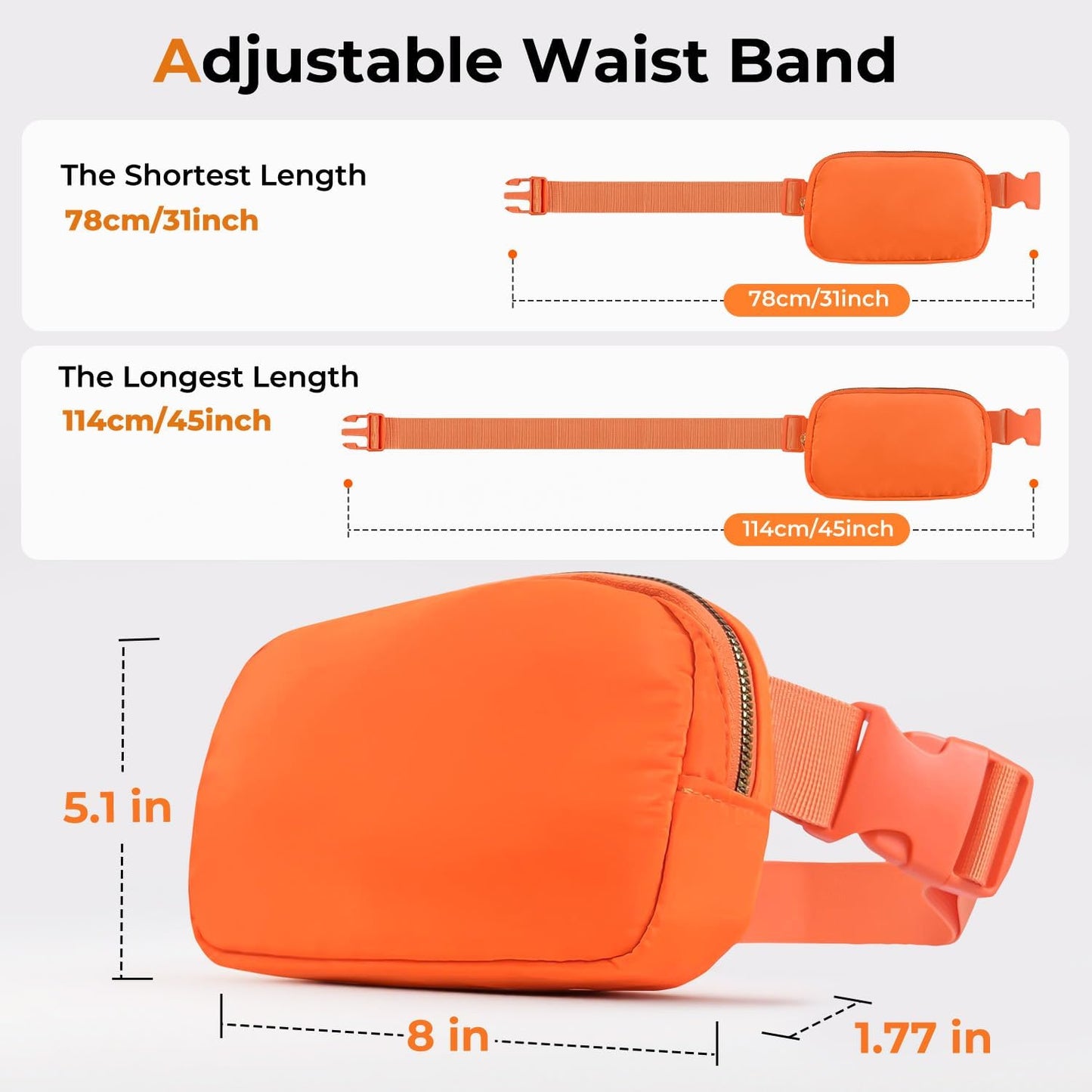 Belt Bag Zipper Fanny Pack Crossbody Bags for Women,Fashion Nylon Waist Packs, Water Repellent Two Way wear with Adjustable Strap Gifts for Teenage Girls Women Men(orange)