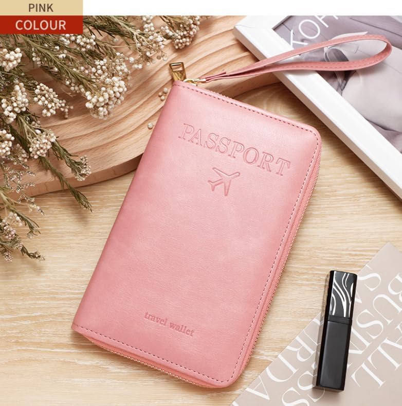 RFID Passport Wallet for Women & Men, Leather Zipper Travel Organizer with Waterproof Design (Pink)