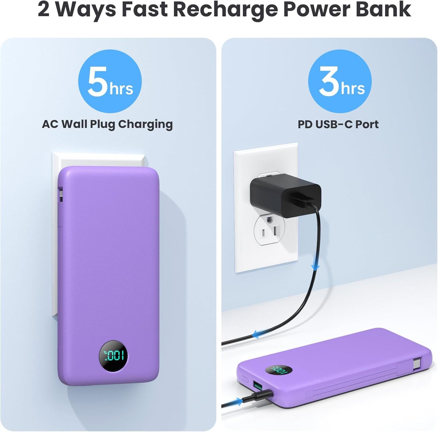 Portable Charger 13800mAh Slim USB C Power Bank with Built in Cables and Wall Plug,LCD Display Lightweight Travel Battery Pack,PD Fast Charging Compatible with iPhone 17,16,15,Samsung Android-Purple