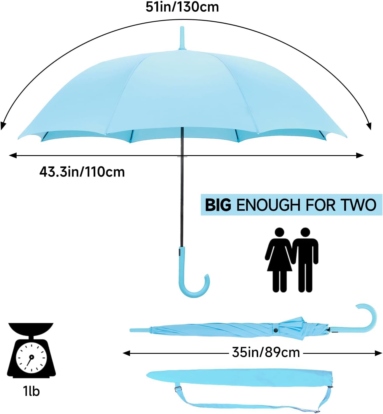RUMBRELLA UV Stick Umbrella Auto Open UPF 50+ with J Hook Handle 51IN