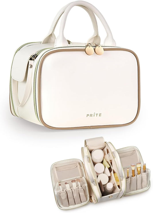 Prite Makeup Bag for Women, Large Capacity Waterproof Travel Cosmetic Organizer, Portable Open Flat Toiletry Bag with Free-standing Brush Holder and Handle(Beige Large)