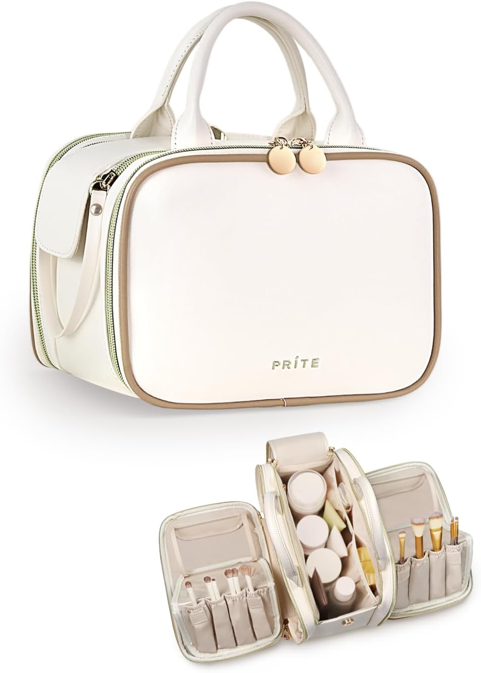 Prite Makeup Bag for Women, Large Capacity Waterproof Travel Cosmetic Organizer, Portable Open Flat Toiletry Bag with Free-standing Brush Holder and Handle(Beige Medium)