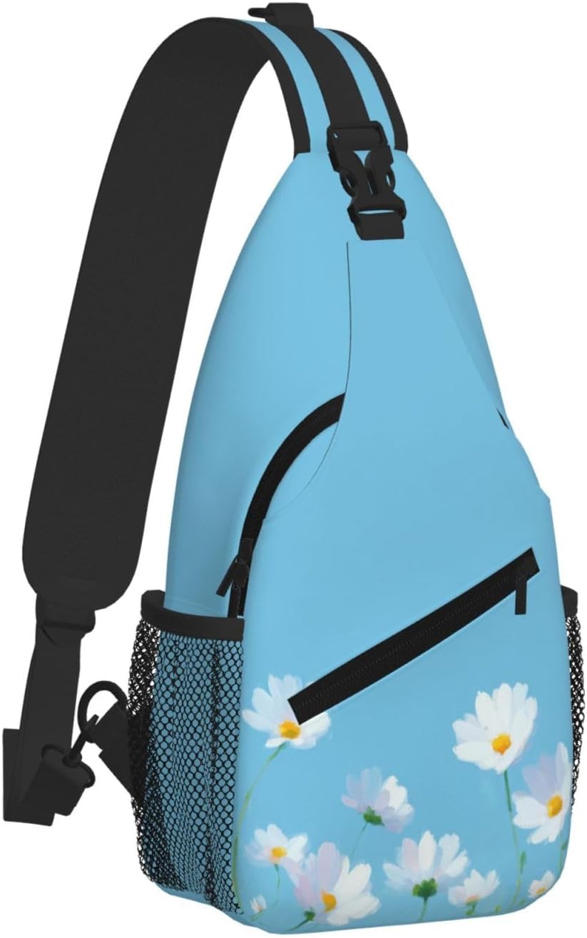 Sling Bag White Flower Blue Summer Hiking Daypack Crossbody Shoulder Backpack Travel Chest Pack for Men Women