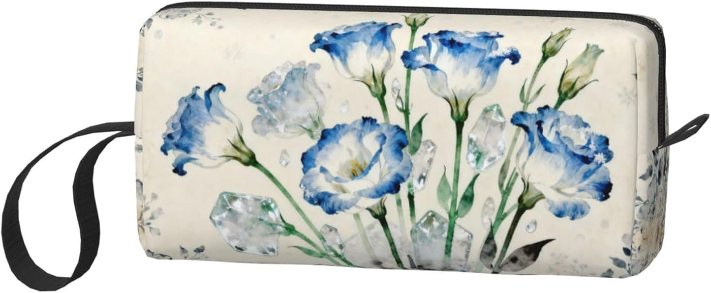 Blue Flower Crystals Makeup Bag Organizer Compact & Durable Floral Travel Cosmetic Bag Oxford Fabric Impact-Resistant Multi-Purpose Storage Perfect for Travel, Gym, Daily Use