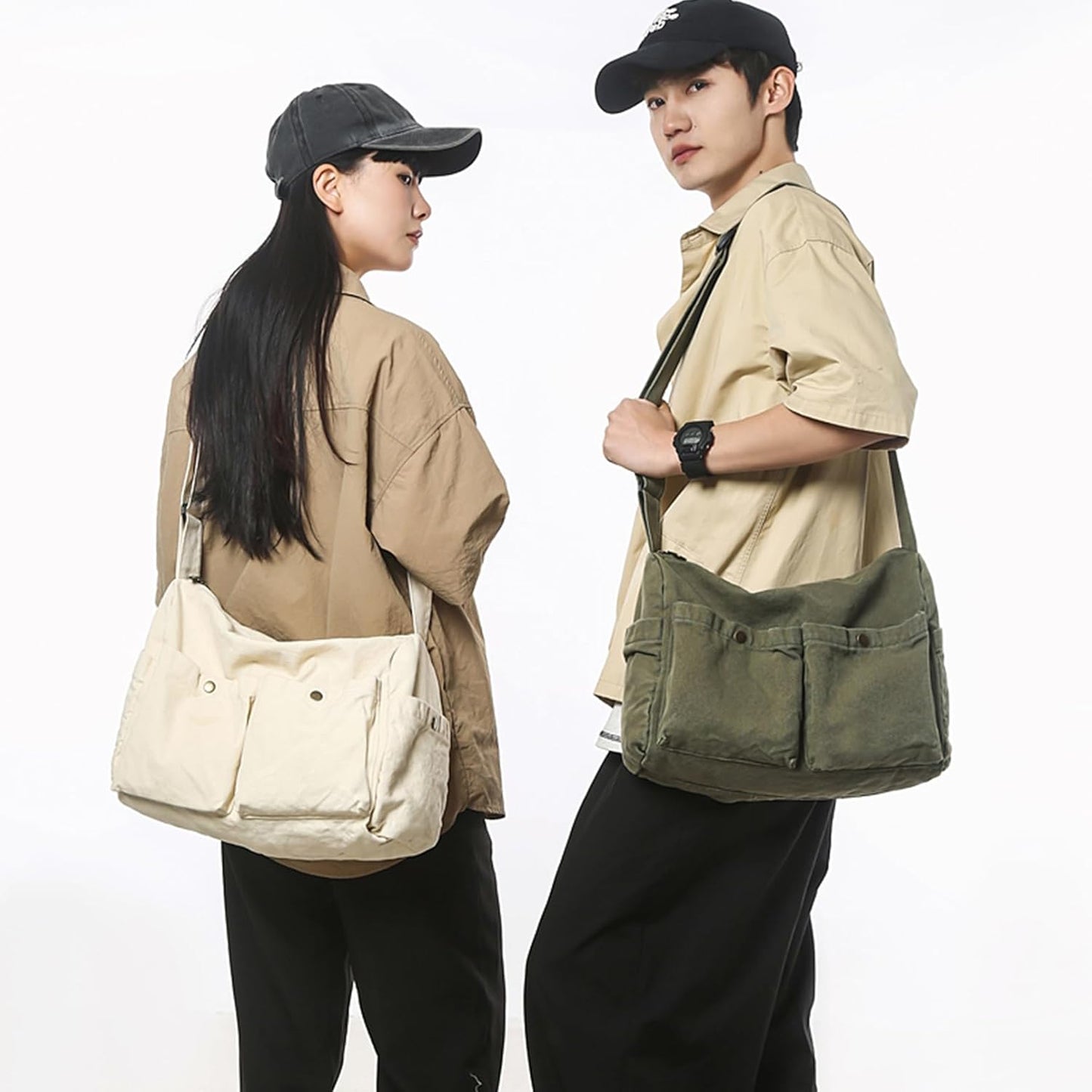 Canvas Messenger Bag Cute Crossbody Tote Bag Shoulder for Women Men for School Aesthetic Hobo with Multiple Pockets