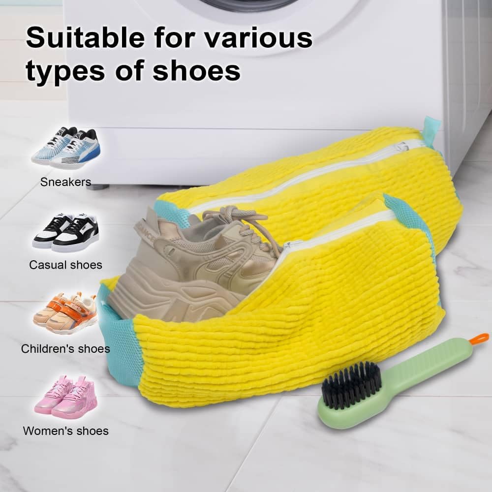 Shoe Washing Machine Bag - 2 Pcs Reusable Premium Shoe Washing Bag with Durable Invisible Zipper - Shoe Bag for Washing Machine Fits Most Sizes & Types - Hands-Free Complete Protection - include brush