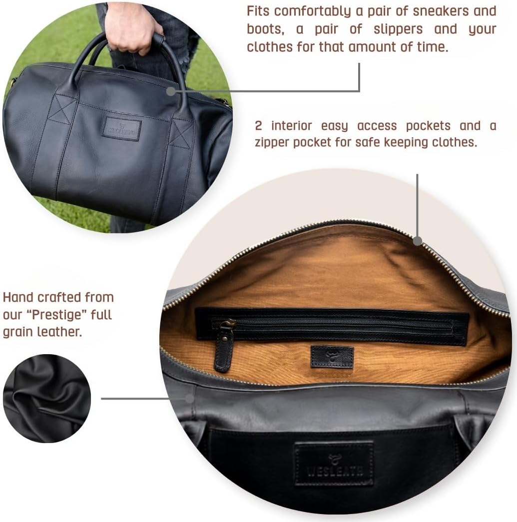 Full Grain Leather Duffle Bag – 40L Travel, Gym & Carry-On Weekender for Men | Handcrafted Overnight Bag with Brass Hardware, Black Style