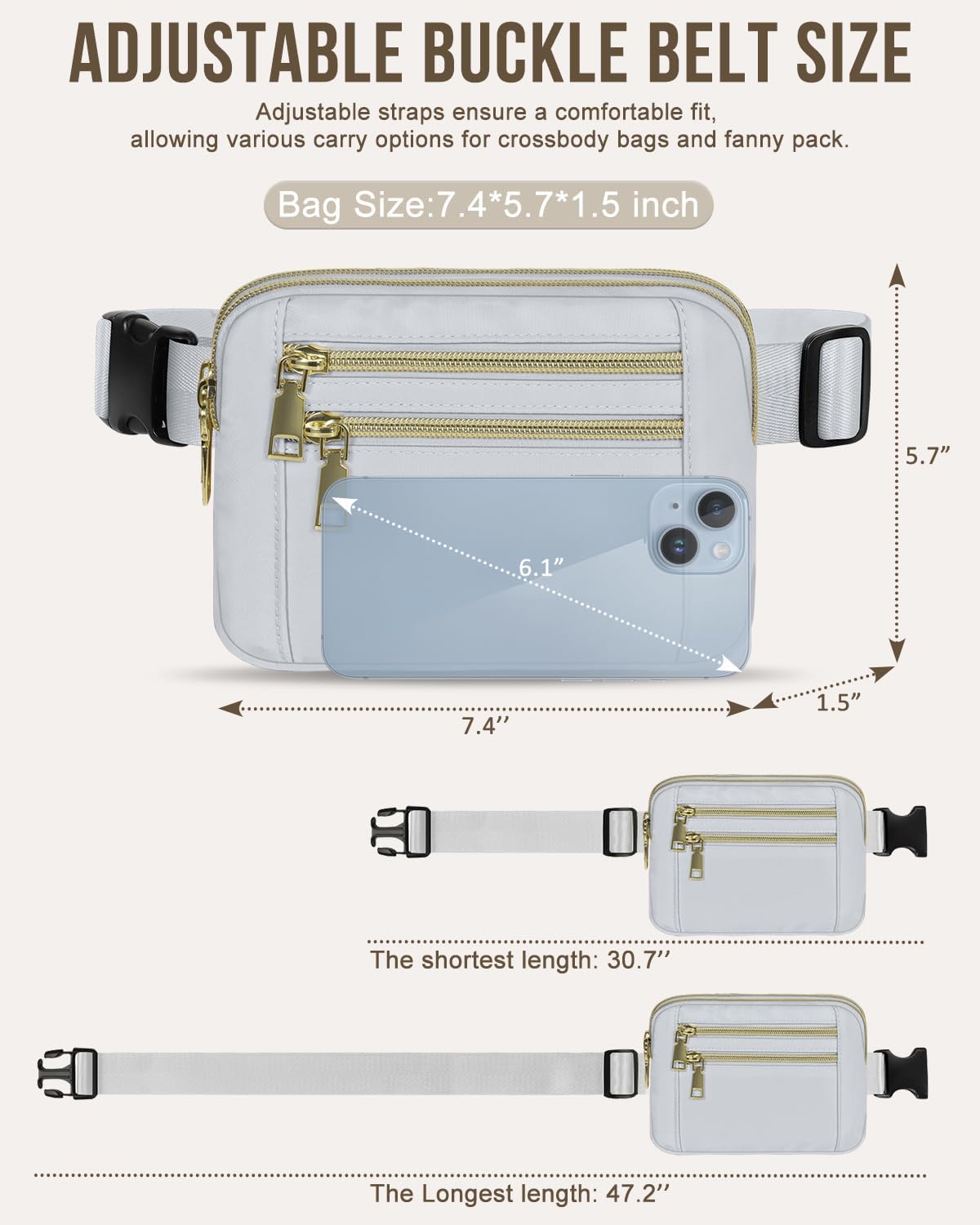 Capolo Fanny Packs for Women Fashion Waist Packs Bag with Adjustable Strap and 4 Zipper Pockets Waterproof Everywhere Crossbody Belt Bag for Workout Running Travelling(Light Grey)