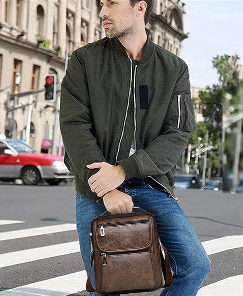 Zipper Buckle Leather Messenger Bag Vintage Handle Shoulder Crossbody Purse Genuine Leather for Daily Office Use