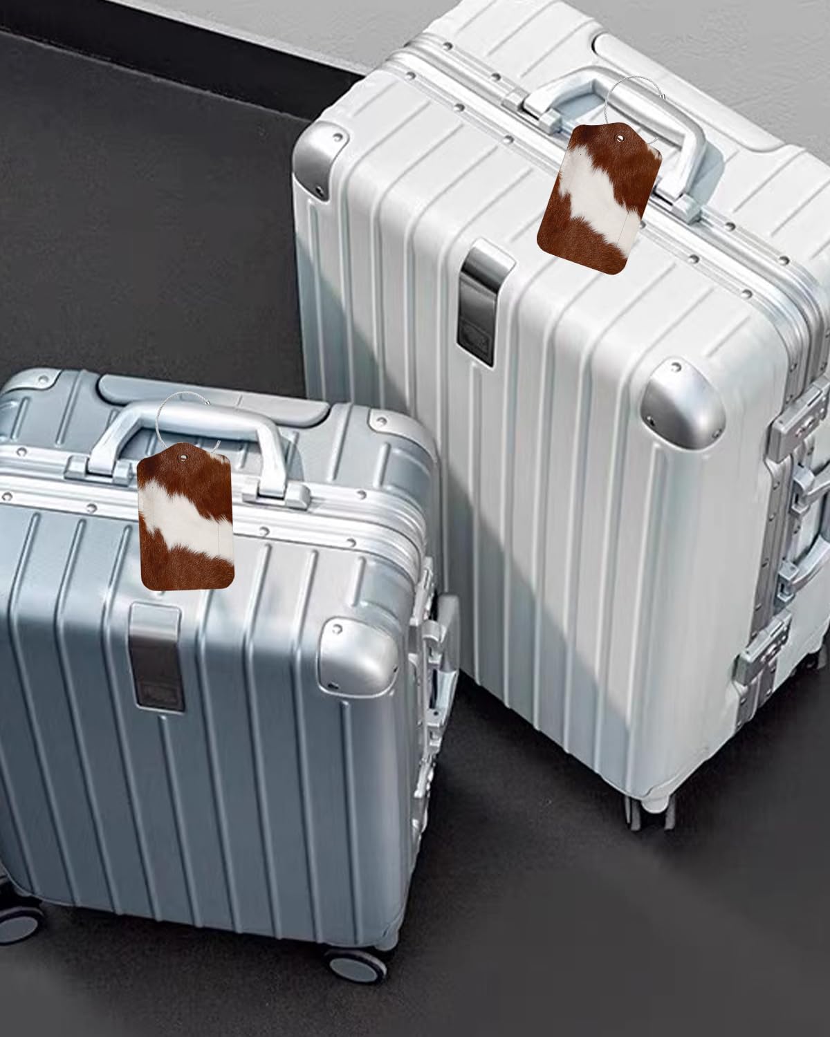 2 Pack Luggage Tags for Suitcase, Cow Hide Brown Leather Suitcase Tags Cruise Ship with Privacy Cover and Double Metal Loop for Women Men Girls Boys Travel Baggage Bag Backpack Tags, Cow Printed
