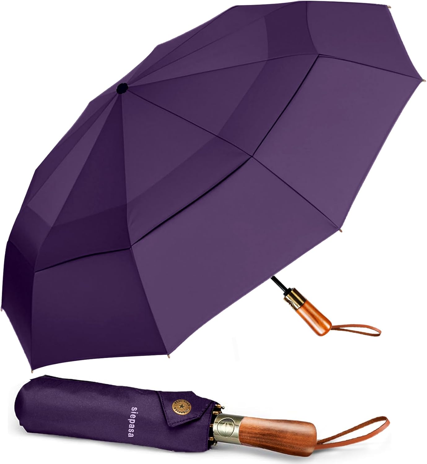 SIEPASA 49/54/62 Inch Windproof Golf Umbrella - Automatic Open/Close, Real Wood Handle - Large Folding Travel Umbrella for Wind, Rain & Sun Protection.