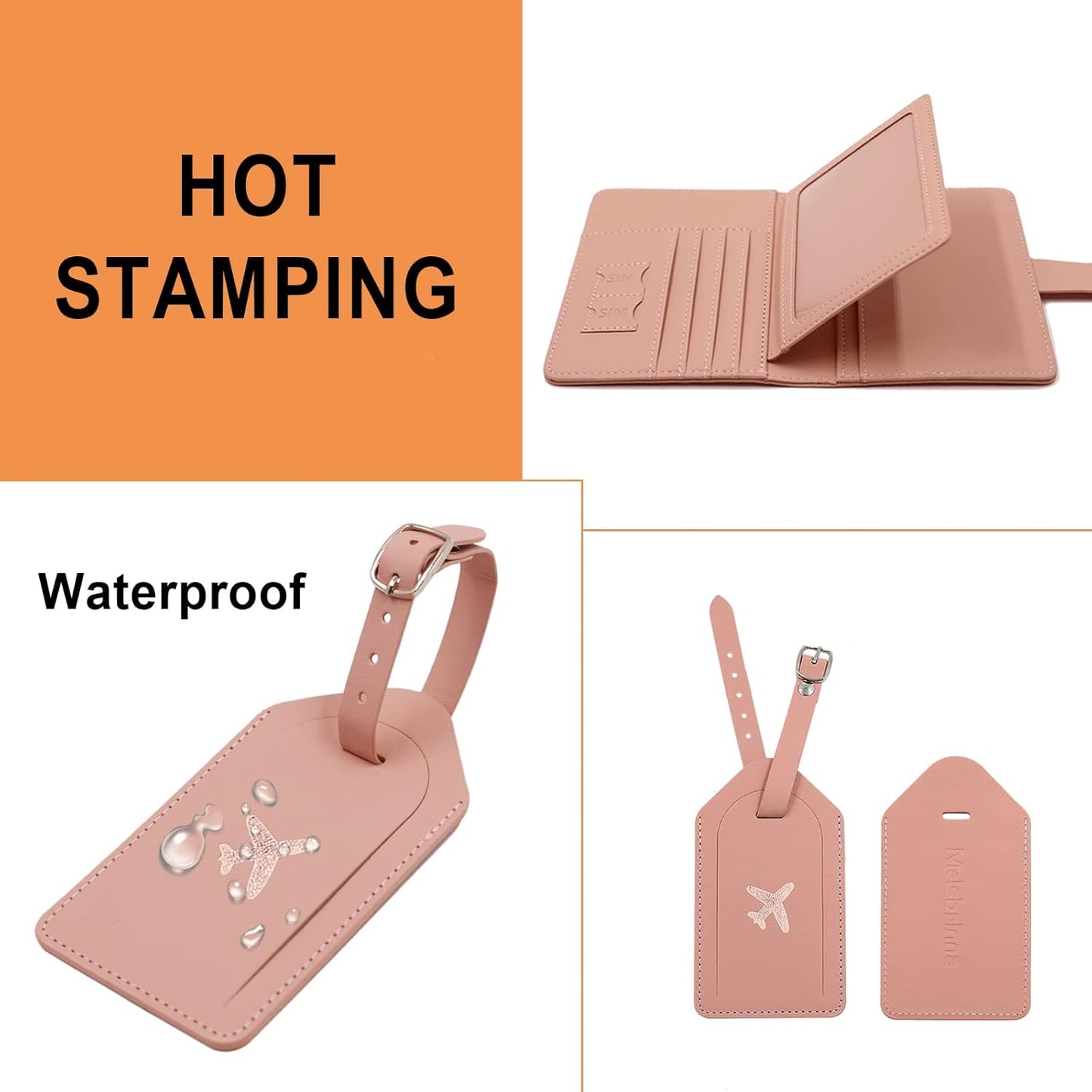 Real Leather Wallet RFID Passport Holder with Suitcase Tag Set Card Slots (Pink)
