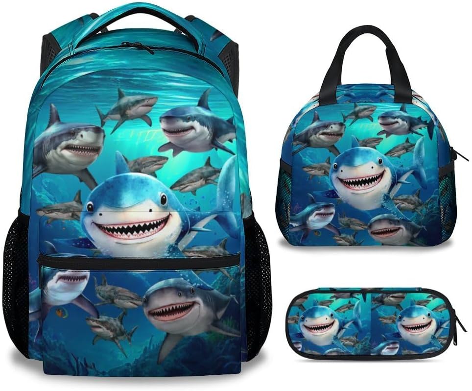 Shark Backpack with Lunch Box, Set of 3 School Backpacks Matching Combo, Cute Blue Bookbag and Pencil Case Bundle