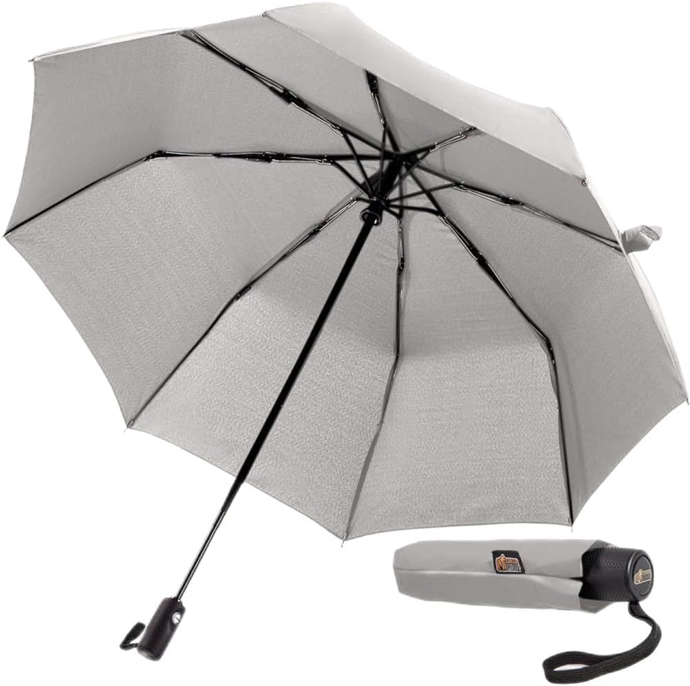 GORILLA GRIP Strong Windproof Stick Compact Umbrella for Rain, One-Click Automatic Open and Close, Durable Quick Dry Waterproof Material, Lightweight and Portable, Travel Size Fits Backpack, Gray