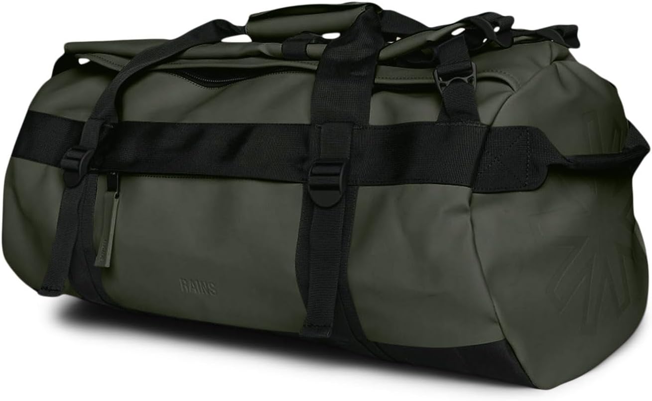 RAINS Texel Duffel Bag Small - Waterproof Green Duffel with U-Shaped Zip Closure, Mesh Pockets, Compression Straps, and Padded Carry Handles - 2 Year Warranty