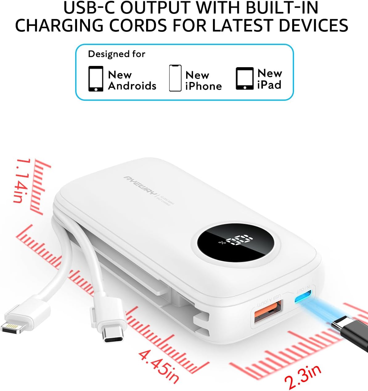 Ayeway Small Power Bank with Built-in Cable,10,000mAh USB C Fast Charge Battery Pack Portable Charger with 4 Output,Lightweight External Backup Battery Phone Charger for iPhone,Samsung,5V Heated Vest