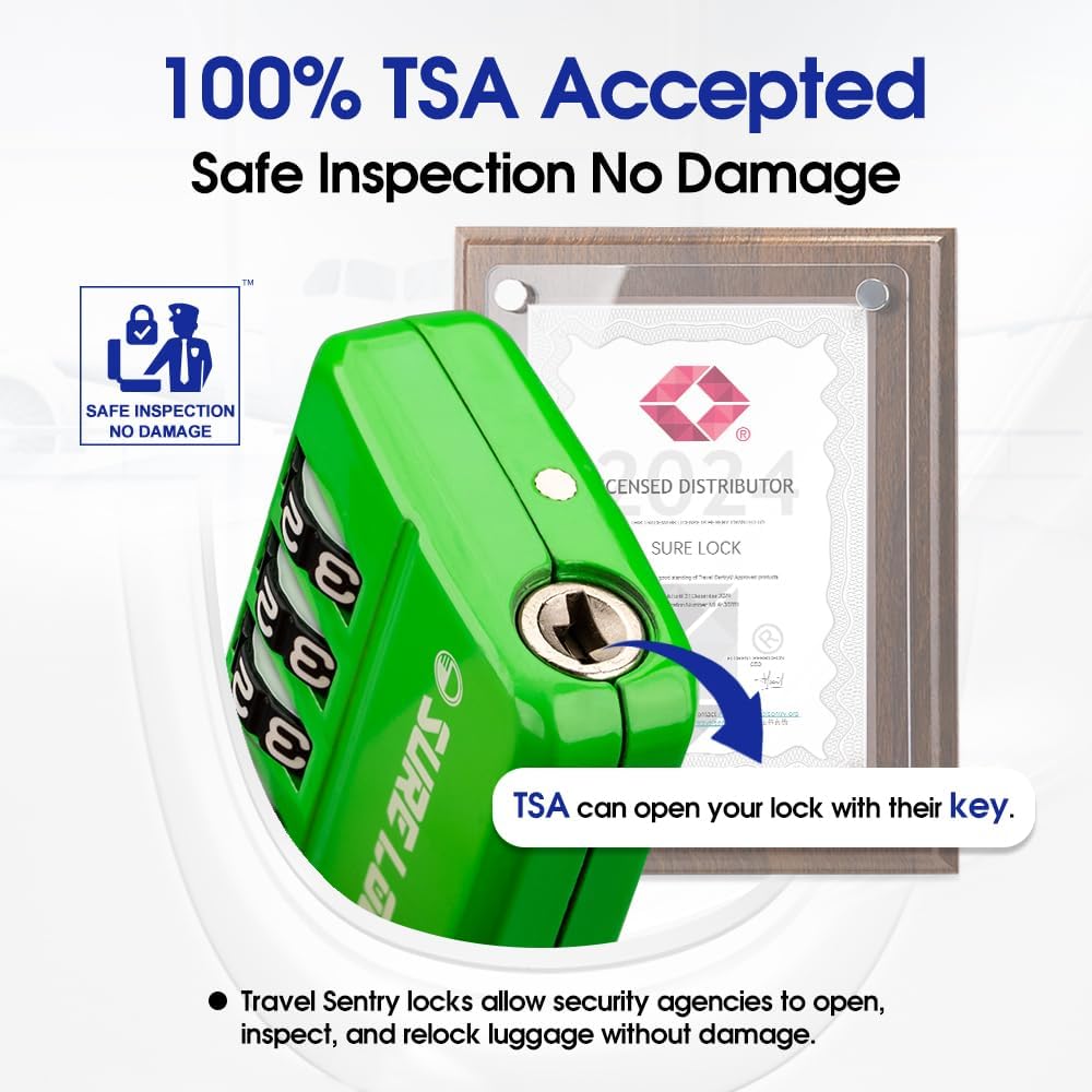 SURE LOCK TSA Approved 4-Digit Resettable Combination Luggage Lock with Open Alert, Easy-Read Dials - for Luggage, School Lockers, Gym, Office, Toolbox & Security Cases(Green 1 Pack)
