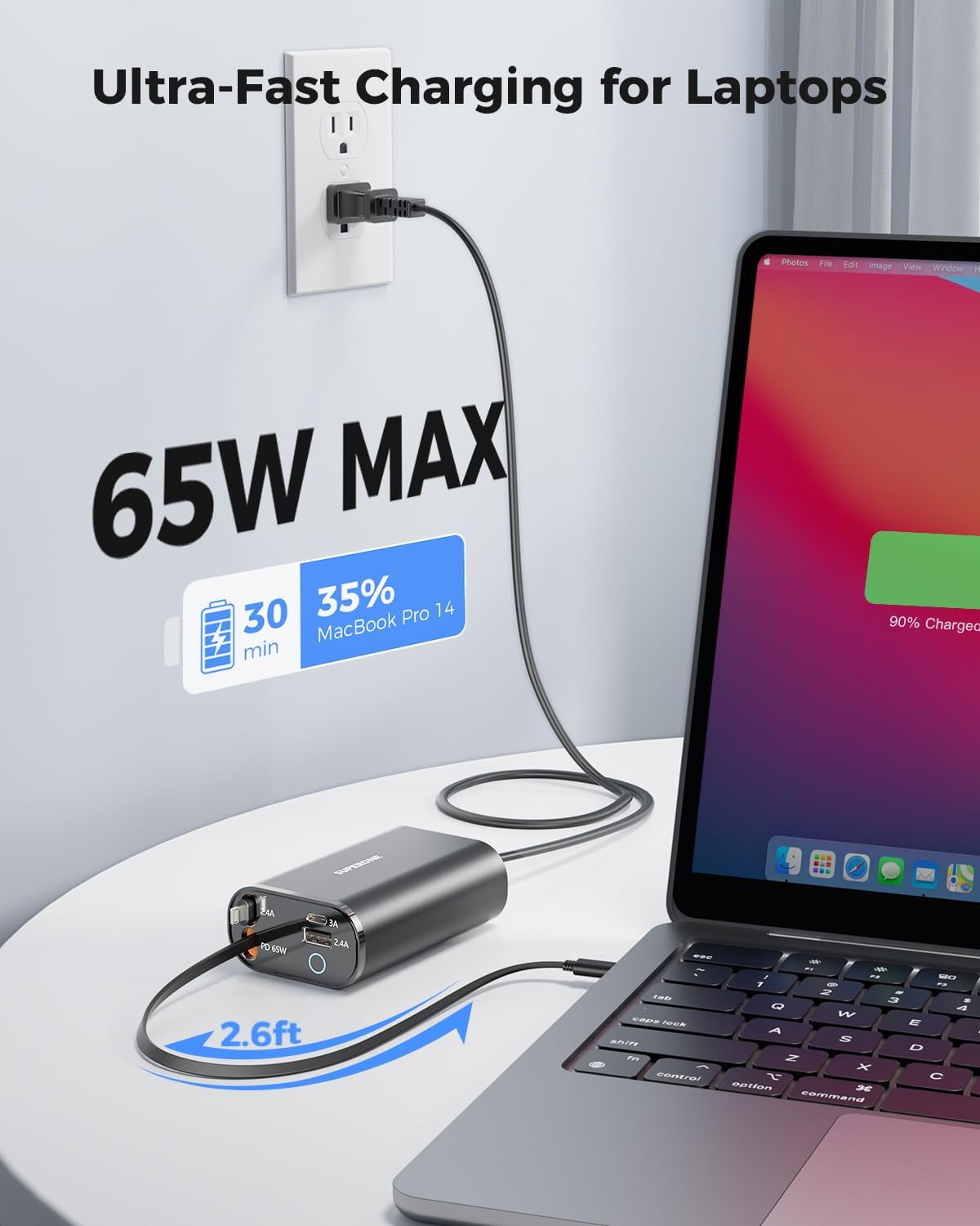 SUPERONE 104W Retractable Charger, 4-Port Retractable Wall Charger PD 65W for MacBook, Charging Station with 3ft Retractable USB C & Apple Cable, Desktop Charger for iPhone 17 16 15 14, iPad, Laptop