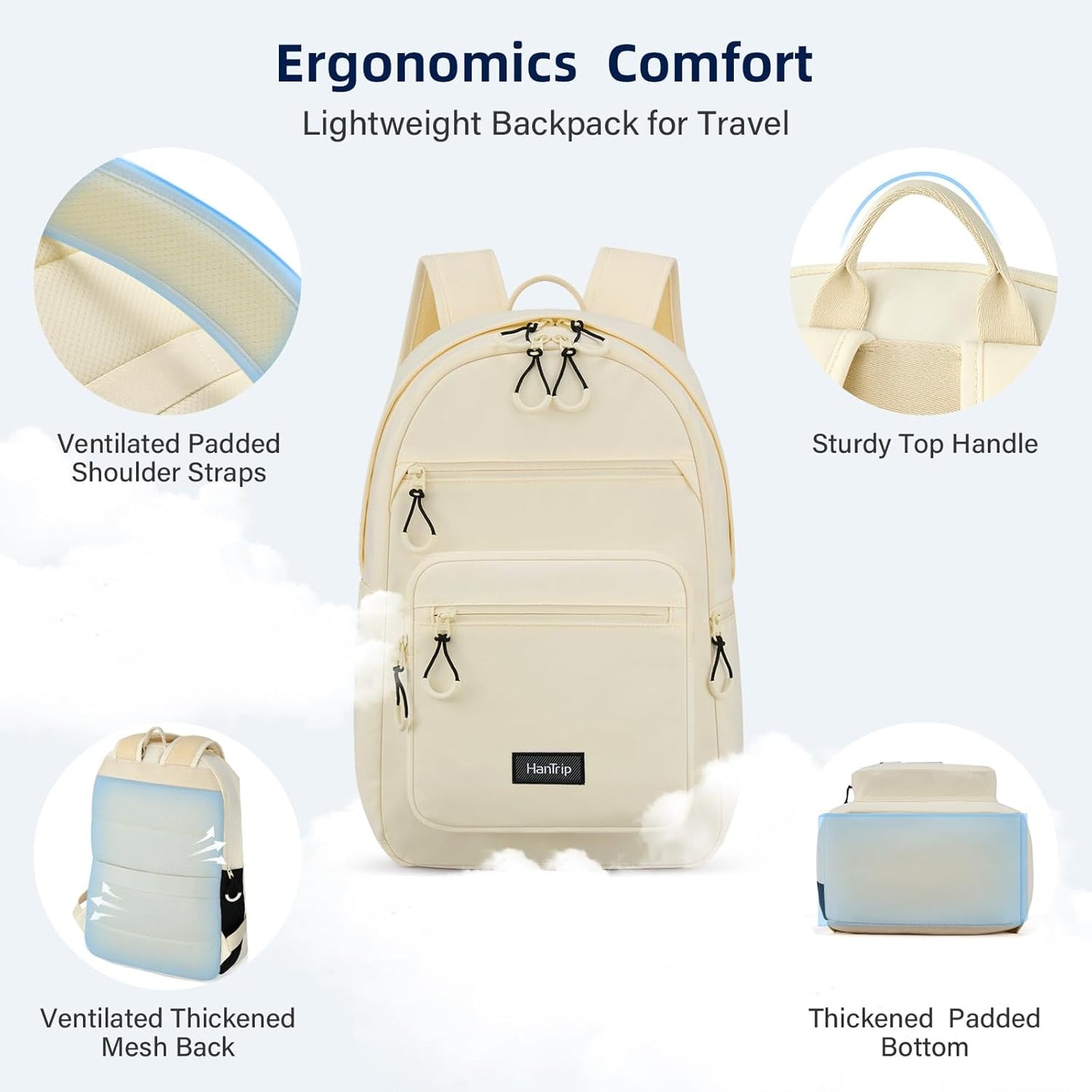 Carry On Travel Backpack For Women, 18 Inch Water Resistant Large Backpack Lightweight Bookbag For Men, 8x14x18 Personal Item Bag Casual Daypack Backpacks For Work Office Commuter (Offwhite)