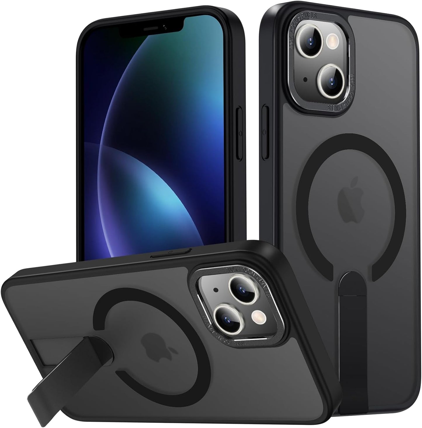for iPhone 13 Case with Kickstand, [Invisible Stand] Compatible with MagSafe, Anti-Slip Shockproof Military-Grade Protection, Magnetic Slim Translucent Phone Case for iPhone 13 Cover (Black)