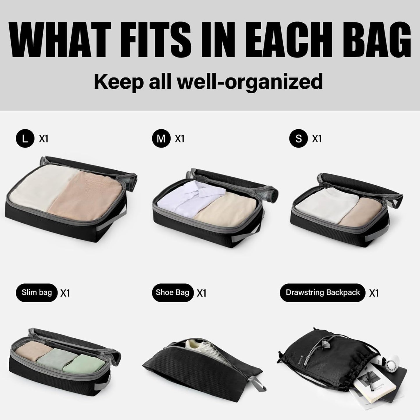 6 Set Compression Packing Cubes for Travel, Lightweight and Space-Saving Luggage Organizer Bags