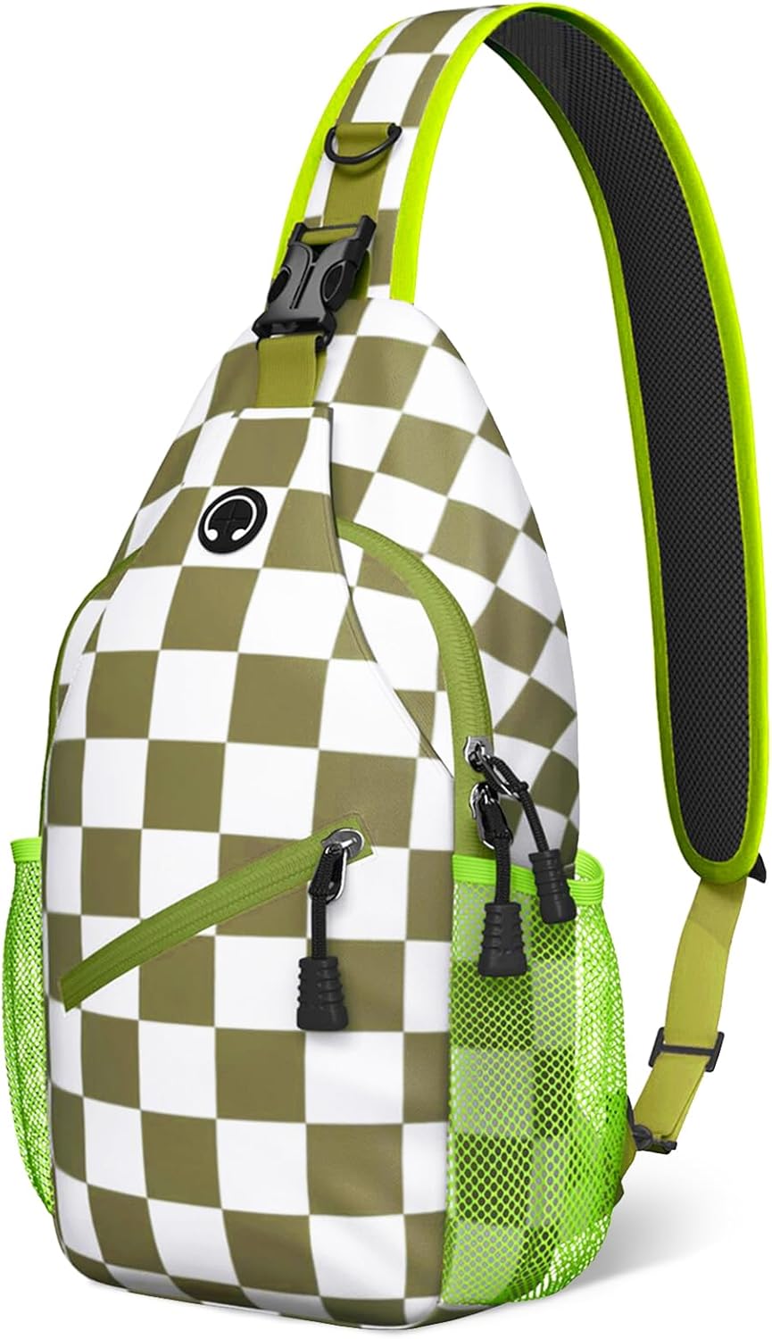 Green White Checkered Sling Bag Crossbody Chest Bag for Women Men, Water Resistant Lightweight Casual Crossbody Bag with Adjustable Strap, Travel Hiking Daypack Shoulder Backpack