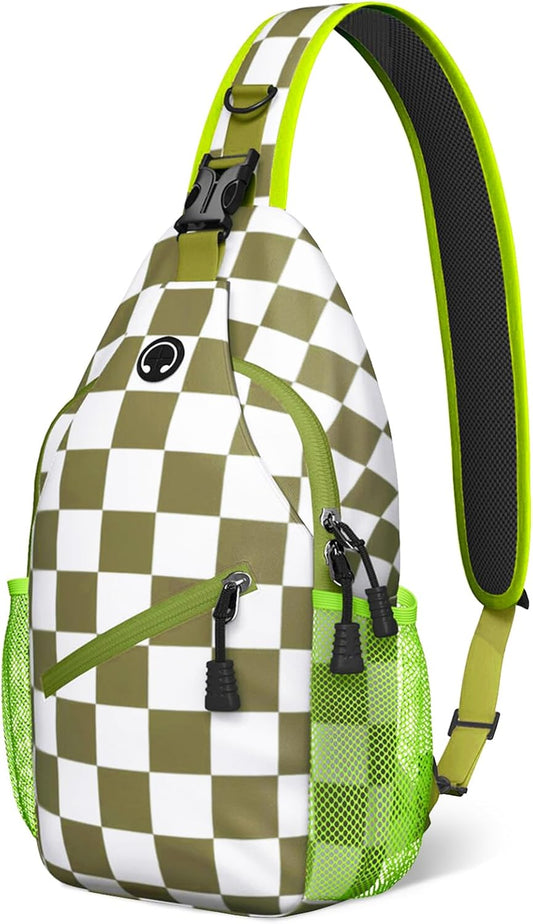 Green White Checkered Sling Bag Crossbody Chest Bag for Women Men, Water Resistant Lightweight Casual Crossbody Bag with Adjustable Strap, Travel Hiking Daypack Shoulder Backpack