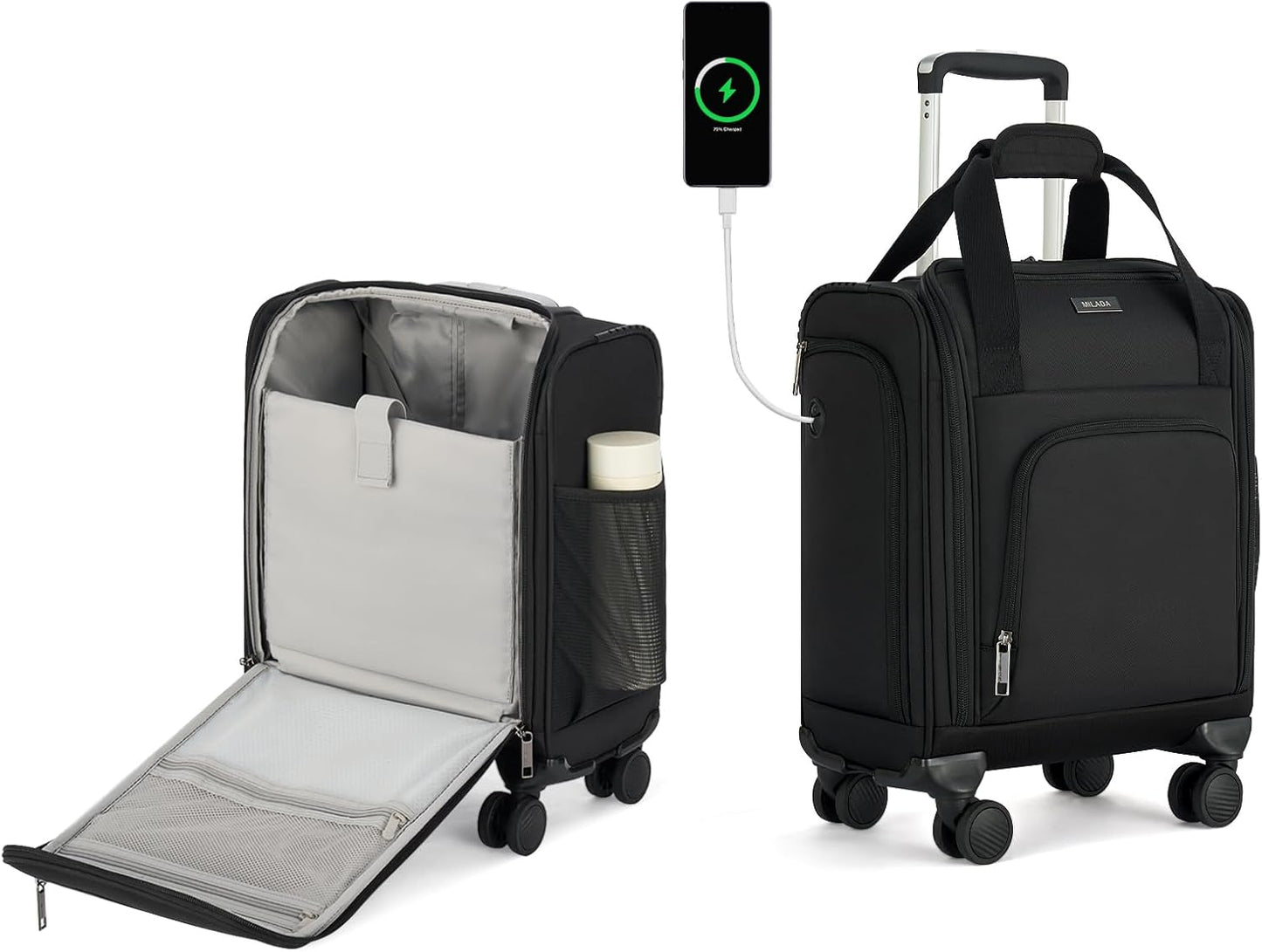 MILADA Carry On Luggage Airline Approved 16 Inch Underseat Small Suitcases with Wheels Softside Travel Luggage Personal Item Overnight Bag Business Mini Suitcase for Women and Men, Black