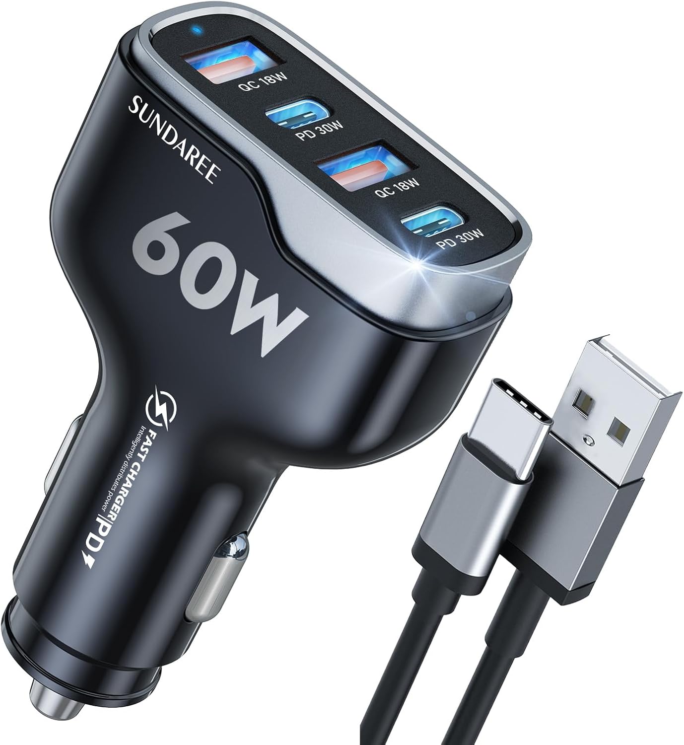 SUNDAREE 4 Ports USB C Fast Car Charger with Plug Outlet, Car Charger Adapter with 3.3FT Cable(USB-A to USB-C), Dual QC 18W & PD 30W Car Phone Charger for iPhone 17/16/15 Pro/Max/SamsungS25 & More