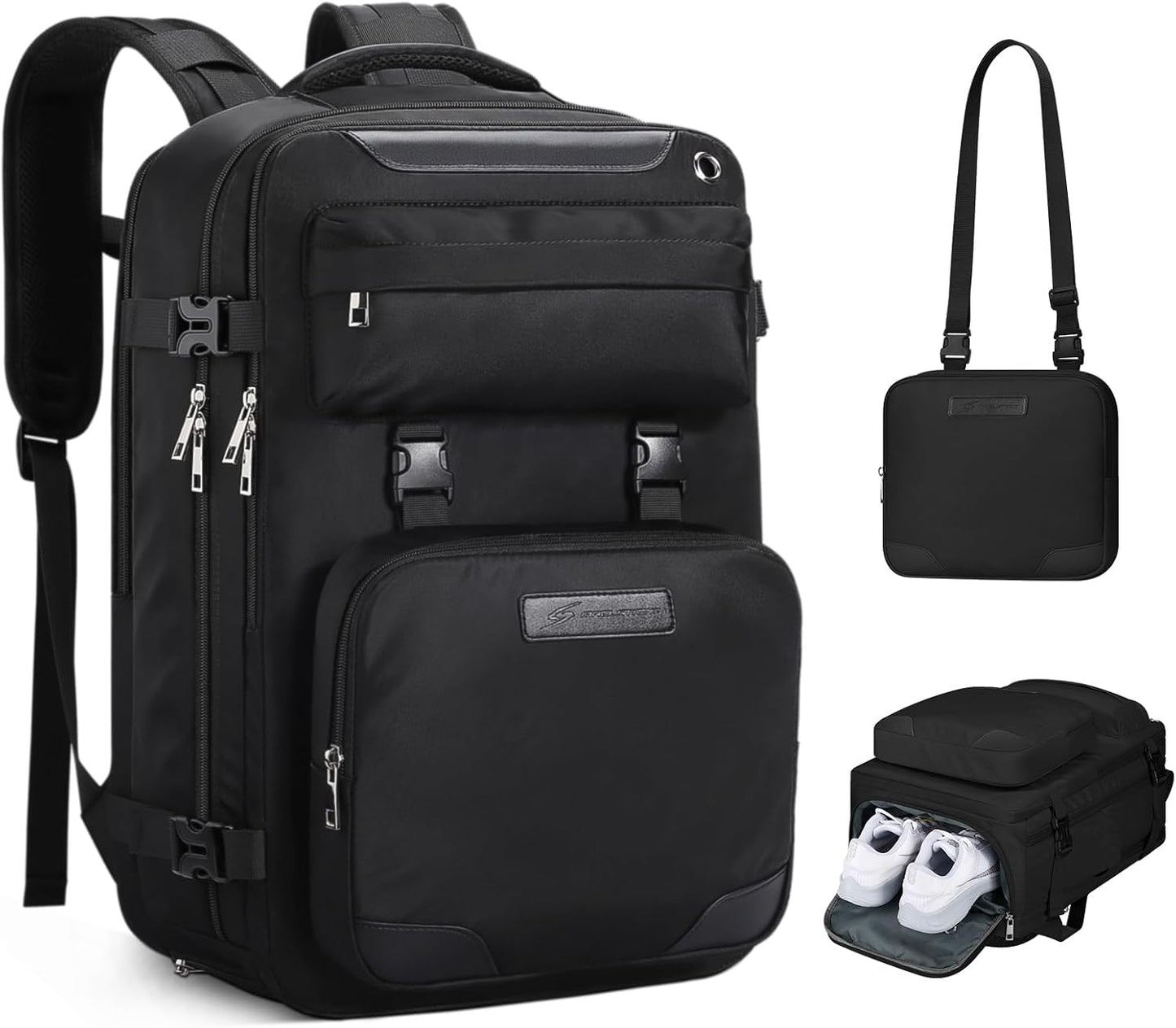 Maelstrom Travel Backpack for Women Men,25L Laptop Backpack Fits 17-Inch Laptop,Waterproof Carry On Backpack for Airplanes with Detachable Crossbody Bag & Shoe Compartment (Black, Medium)